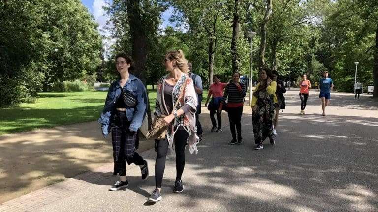 A group of people walk along a paved path in a park with trees and grass on a sunny day.