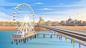 Illustration of a Ferris wheel on a pier over the ocean, with a city skyline and clear sky in the background.