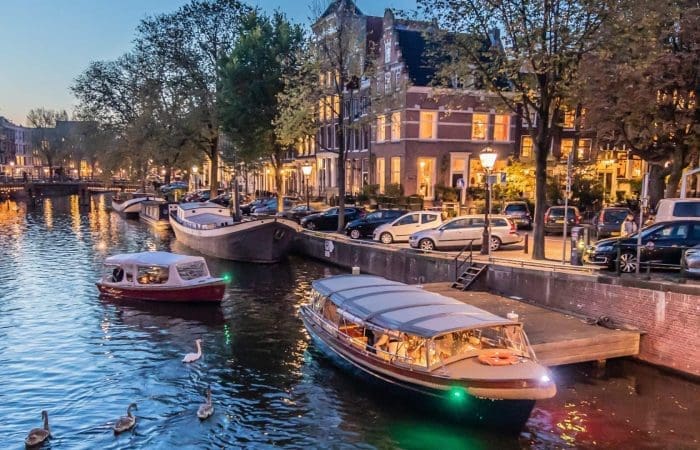 Boats and swans float on a canal lined with parked cars and trees, with buildings illuminated by streetlights at dusk.