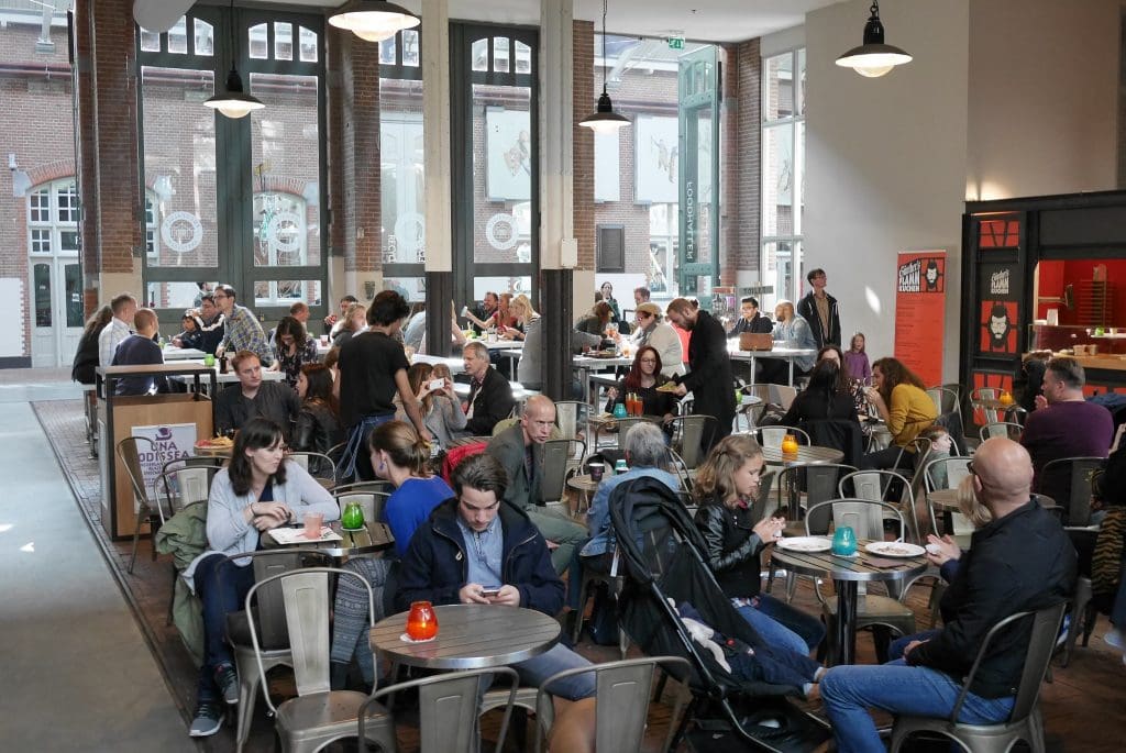 Foodhallen Amsterdam food hall with multiple food stalls