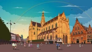 Illustration of a large Gothic-style church in a town square with people walking, historic buildings, a rainbow in the sky, and some birds flying.