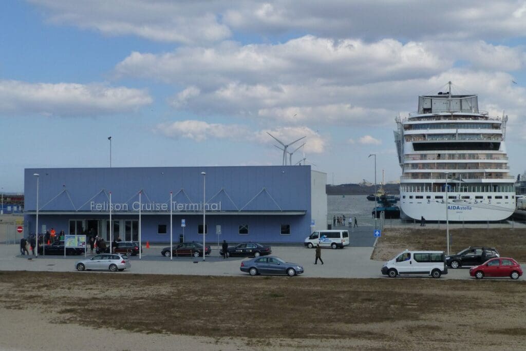 Amsterdam cruise terminal with ships at the quay