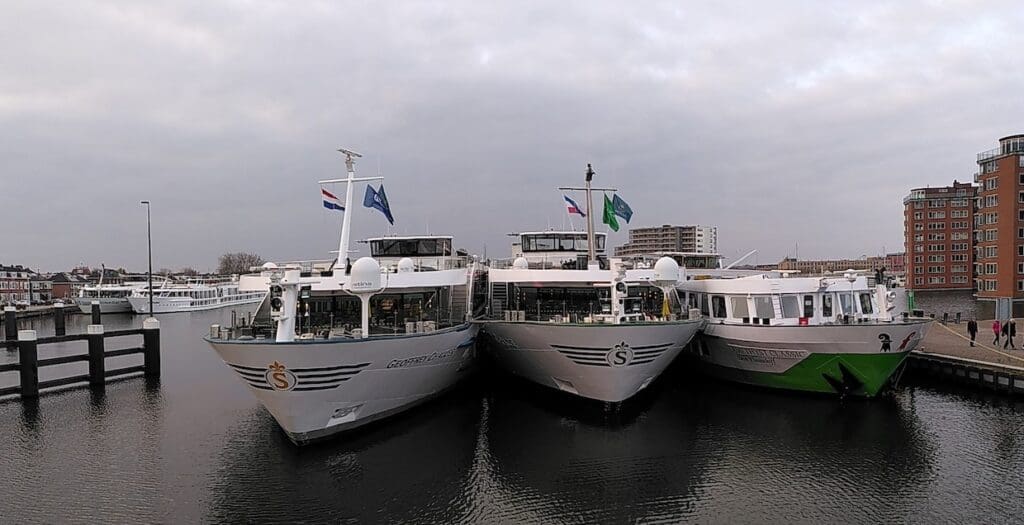 Cruise ships moored at Amsterdam port in April 2023