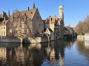 Historic city square with traditional Belgian architecture