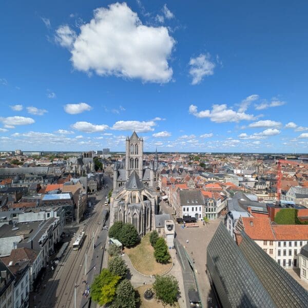 Panoramic view from the Ghent Belfry tower over the medieval city centre on a private guided tour