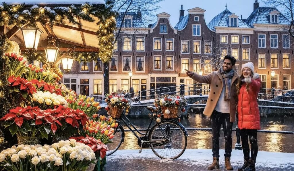 Fake AI Image of a couple at an Amsterdam Xmas Market