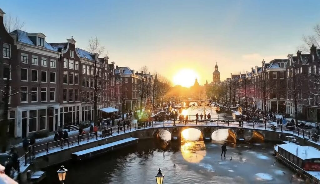 Fake AI Image of a frozen Amsterdam canal
