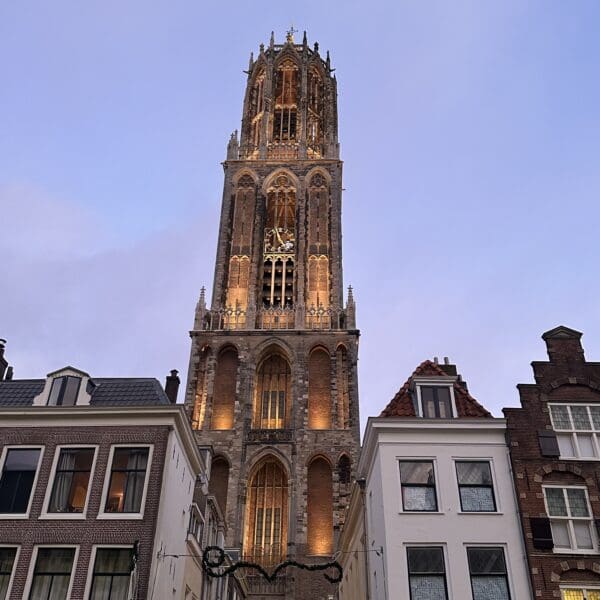 Utrecht Dom Tower glowing at golden hour on a private guided tour of the Netherlands