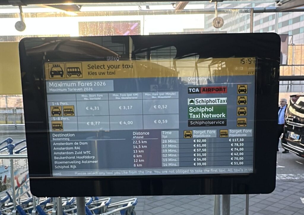Example of taxi fares displayed at Schiphol Airport