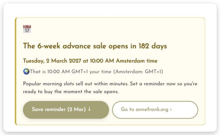 tool-anne-frank-v2 Screenshot of the Anne Frank House ticket calculator showing the exact ticket release date and time