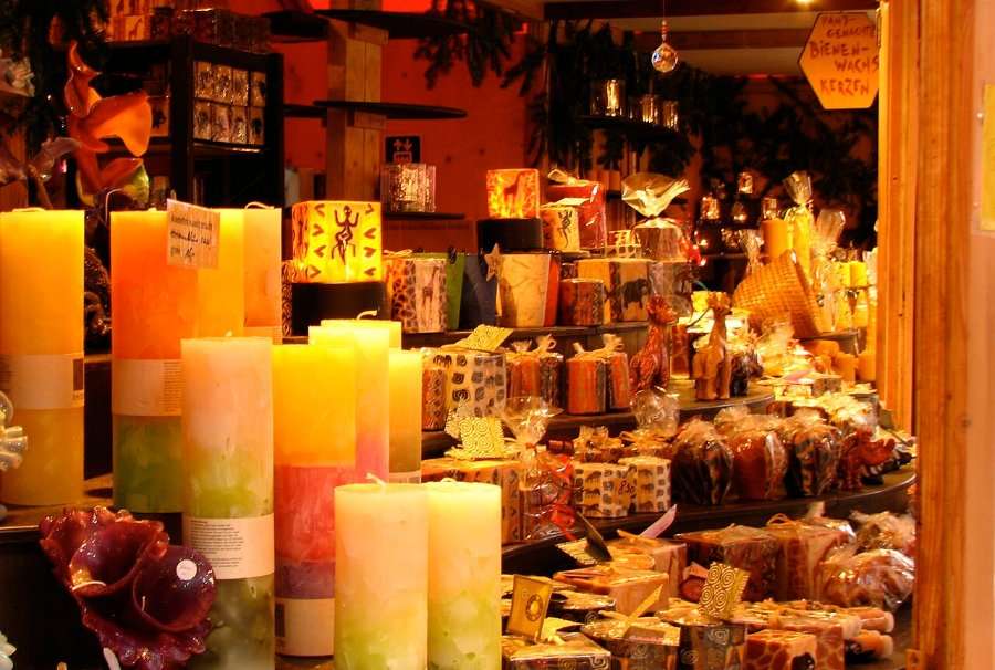 Candles on a Christmas market stall (generic Christmas market detail)