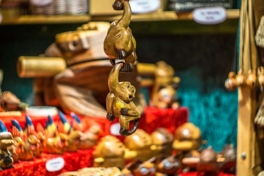 Gilded Christmas ornaments on a market stall