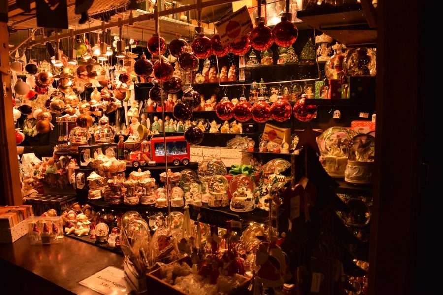 A Christmas market stall packed with decorations
